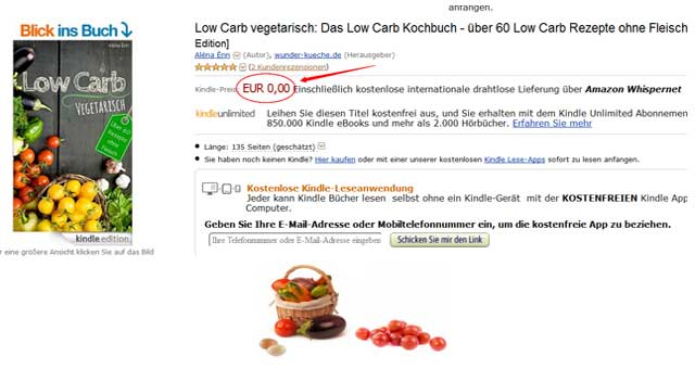 Low Carb Kochbuch kostenlos: über 60 vegetarische Rezepte als Kindle Edition
